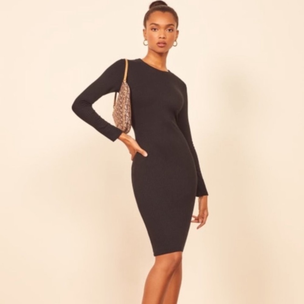 Reformation Ribbed Mini Dress Long Sleeves Crew Neck Black
